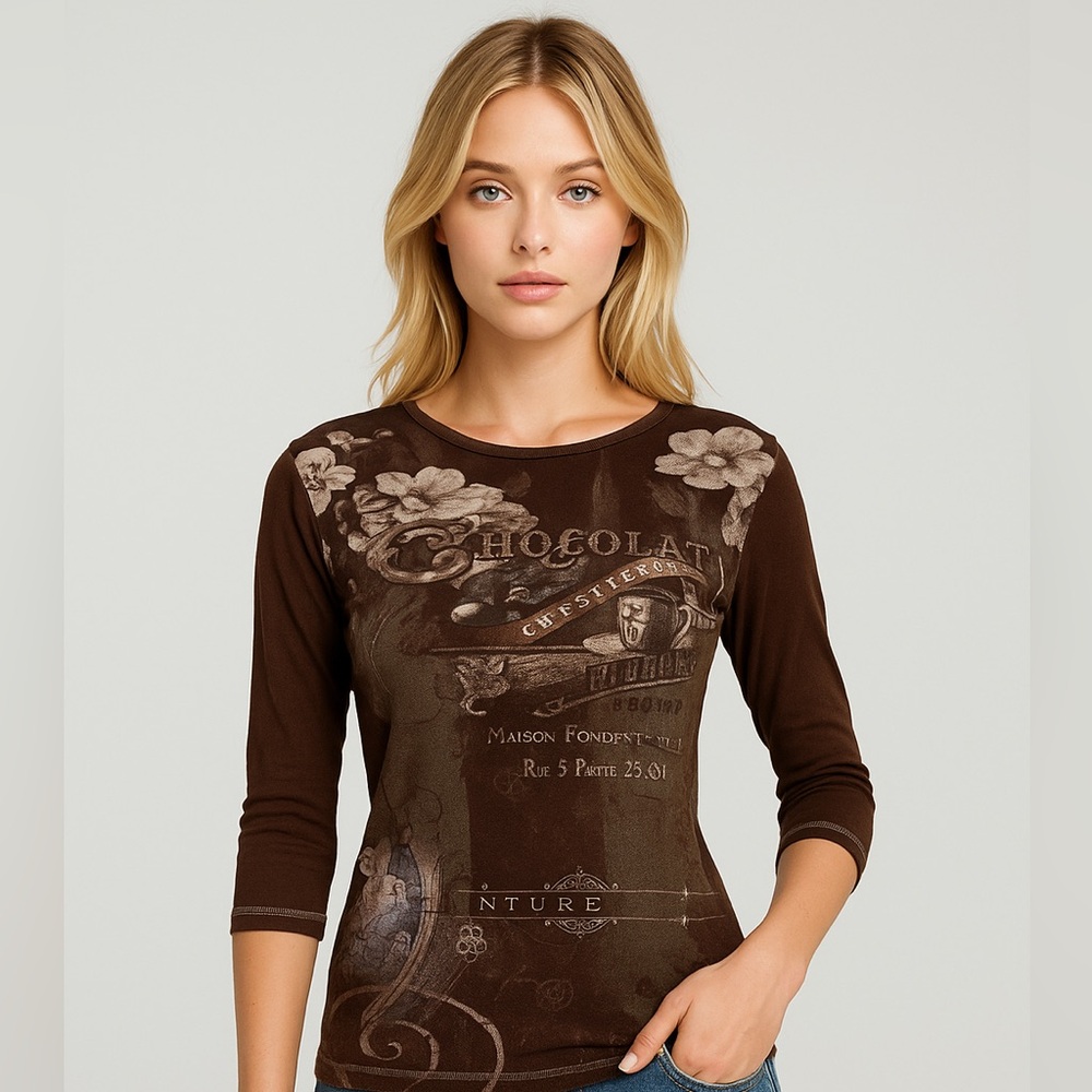 Vintage Retro Y2K Embellished Brown Knit Blue Canyon Clothing Top 3/4 Sleeves